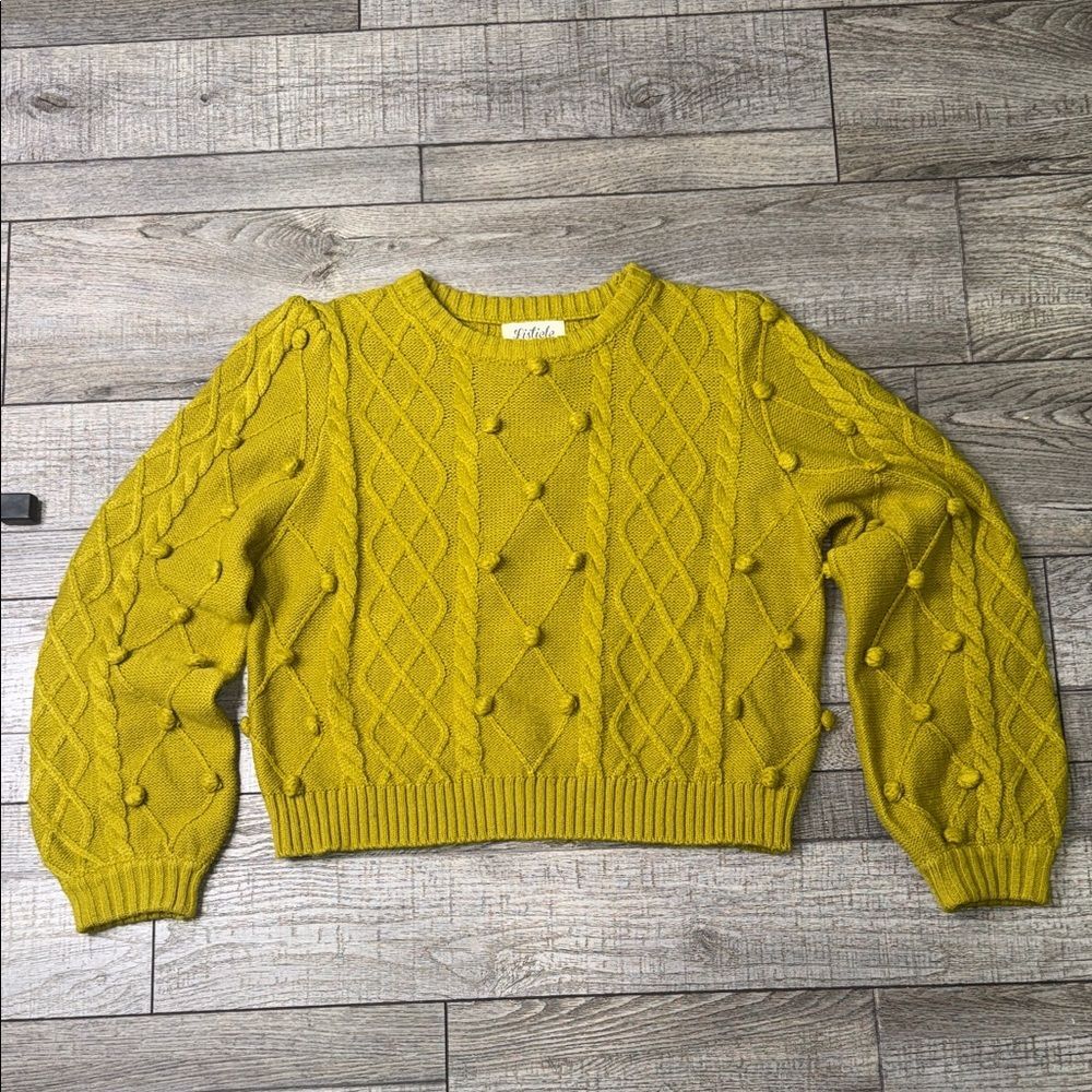 Listicle Olive Green Cable Knit Pom Pom Sweater